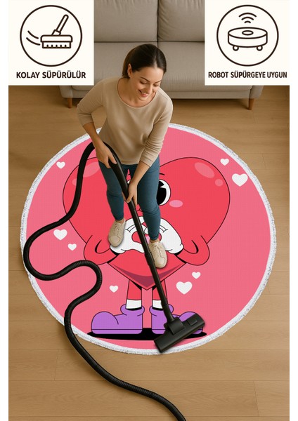 Çocuk Odası Halısı - Kalpli Karakter Desenli Sevimli Pembe Halı