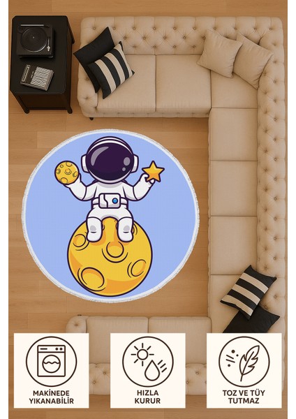 Çocuk Halısı – Ay Üzerinde Yıldız Tutan Astronot Deseni | Yuvarlak | Kaymaz Taban | Mavi Zemin