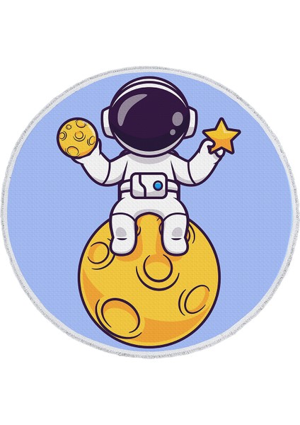 Çocuk Halısı – Ay Üzerinde Yıldız Tutan Astronot Deseni | Yuvarlak | Kaymaz Taban | Mavi Zemin
