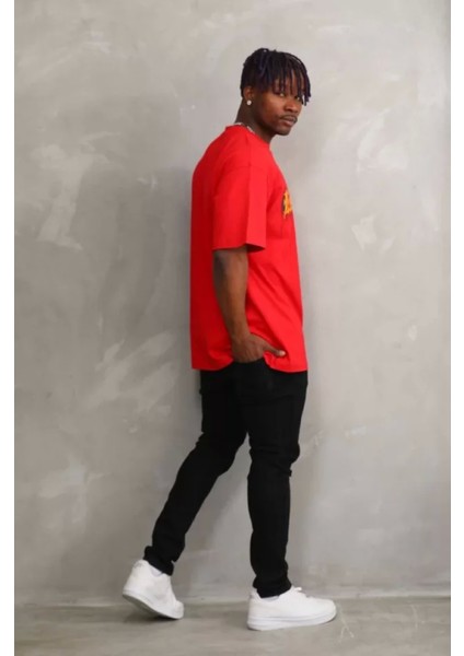 Unisex Baskılı Oversize T-Shirt - Kırmızı fırsatları