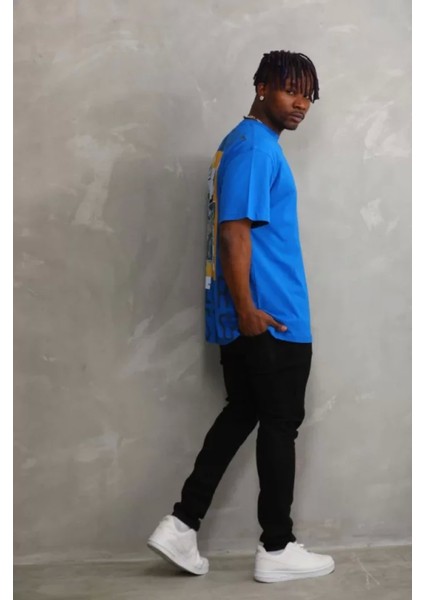 Unisex Baskılı Oversize T-Shirt - Mavi modelleri