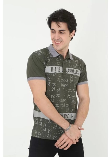 Erkek Yakalı Slim Fit Baskılı T-Shirt - Haki fırsatları
