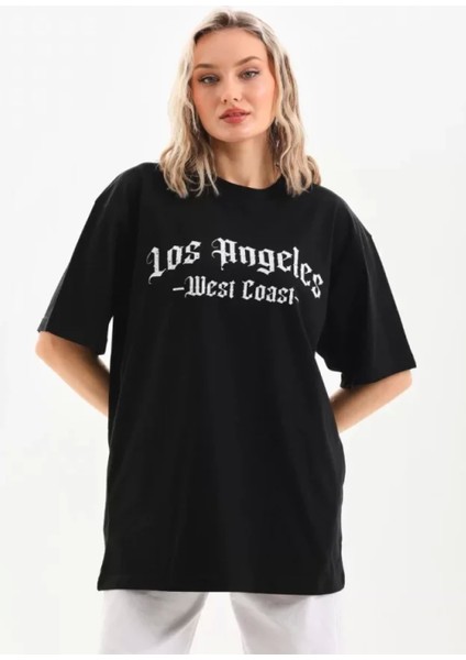 Unisex Baskılı Oversize T-Shirt - Siyah