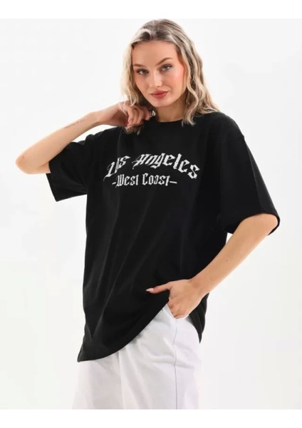 Unisex Baskılı Oversize T-Shirt - Siyah