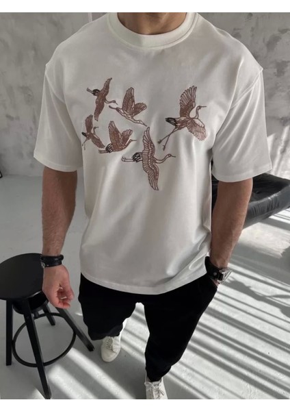 Unisex Nakış Işlemeli T-Shirt - Beyaz fiyatları