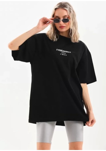 Unisex Baskılı Oversize T-Shirt - Siyah