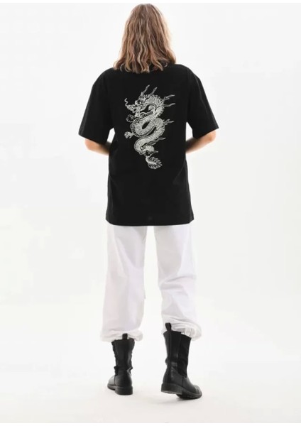 Unisex Baskılı Oversize T-Shirt - Siyah modelleri