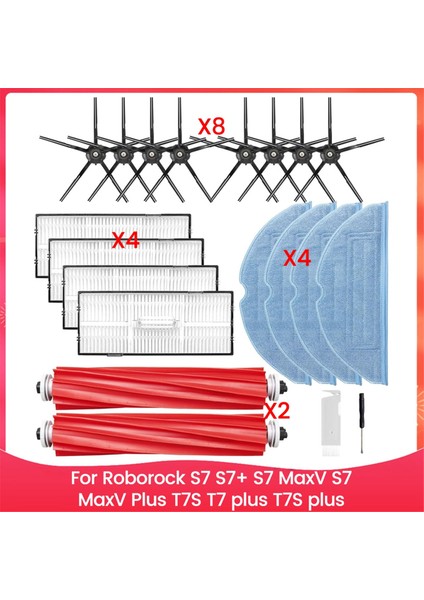Roborock S7 S7+ S7 Maxv, S7 Maxv Plus T7S T7 Plus T7S Plus Robot Süpürge Aksesuarları Seti Fırça Filtre Paspaslar (Yurt Dışından)