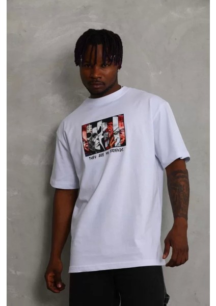Unisex Oversize Baskılı Bisiklet Yaka T-Shirt - Beyaz fiyatları