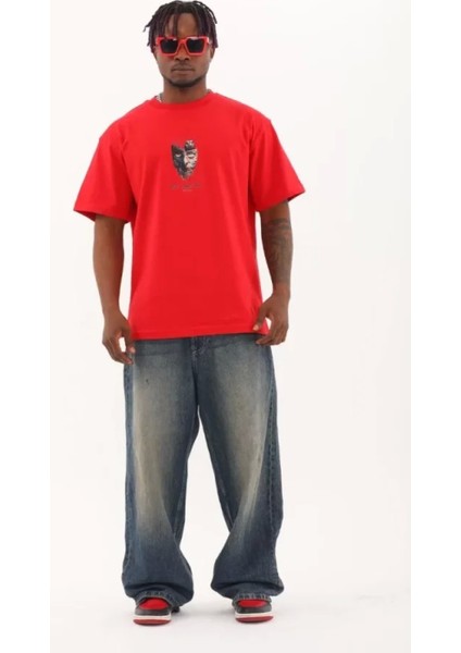 Unisex Oversize Baskılı Bisiklet Yaka T-Shirt - Kırmızı fırsatları