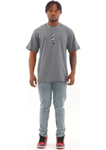 Unisex Oversize Baskılı Bisiklet Yaka T-Shirt - Füme fırsatları
