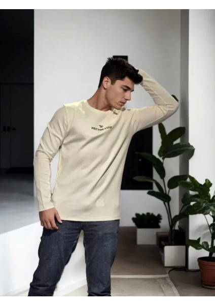 Unisex Bisiklet Yaka Uzun Kollu T-Shirt - Beyaz