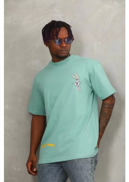 Unisex Oversize Baskılı Bisiklet Yaka T-Shirt - Mint Yeşili