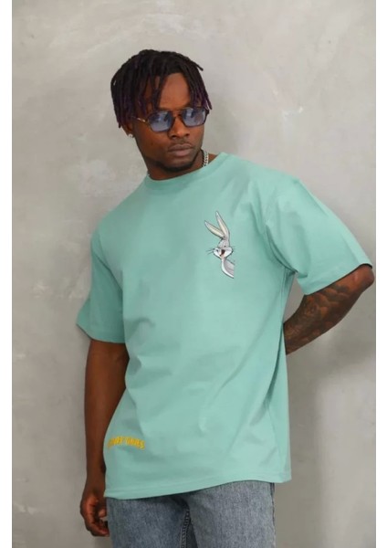 Unisex Oversize Baskılı Bisiklet Yaka T-Shirt - Mint Yeşili modelleri