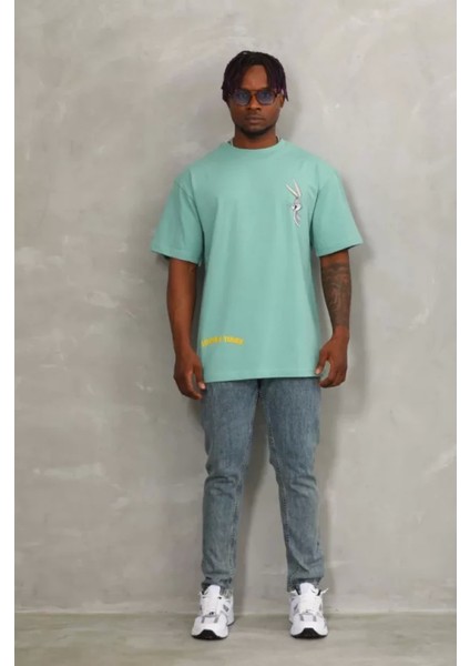 Unisex Oversize Baskılı Bisiklet Yaka T-Shirt - Mint Yeşili fırsatları