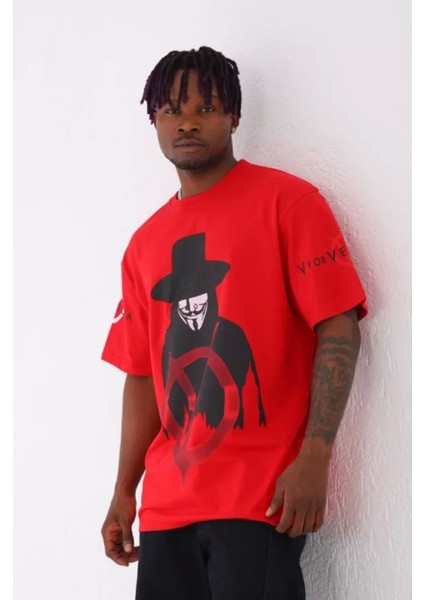 Unisex Oversize Baskılı Bisiklet Yaka T-Shirt - Kırmızı fiyatları