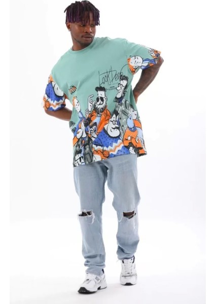 Unisex Oversize Baskılı Bisiklet Yaka T-Shirt - Mint Yeşili modelleri