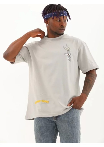 Unisex Oversize Baskılı Bisiklet Yaka T-Shirt - Gri