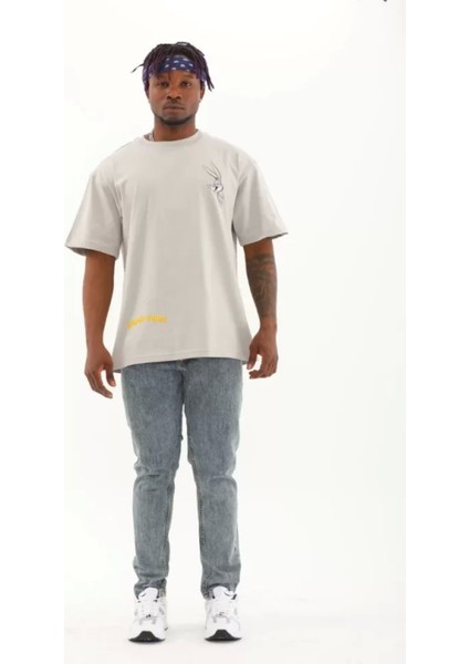 Unisex Oversize Baskılı Bisiklet Yaka T-Shirt - Gri fırsatları