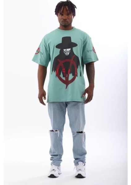 Unisex Oversize Baskılı Bisiklet Yaka T-Shirt - Mint Yeşili