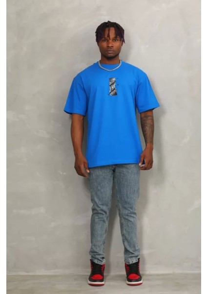 Unisex Oversize Baskılı Bisiklet Yaka T-Shirt - Mavi modelleri