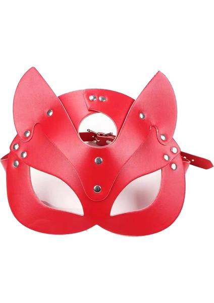 Kadın Kedi Maskesi Yarım Yüz Kedi Maskesi Deri Kedi Kulakları Maskesi Cosplay Kostüm Aksesuarı, Kırmızı (Yurt Dışından)