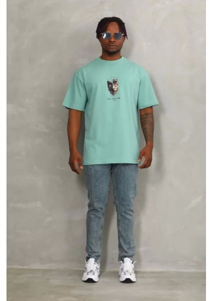 Unisex Oversize Baskılı Bisiklet Yaka T-Shirt - Mint Yeşili fırsatları