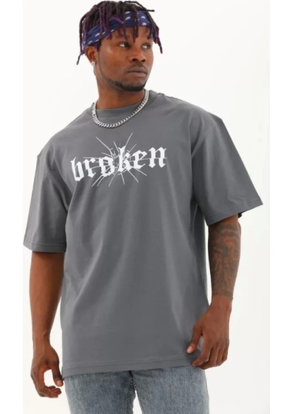 Unisex Oversize Baskılı Bisiklet Yaka T-Shirt - Füme