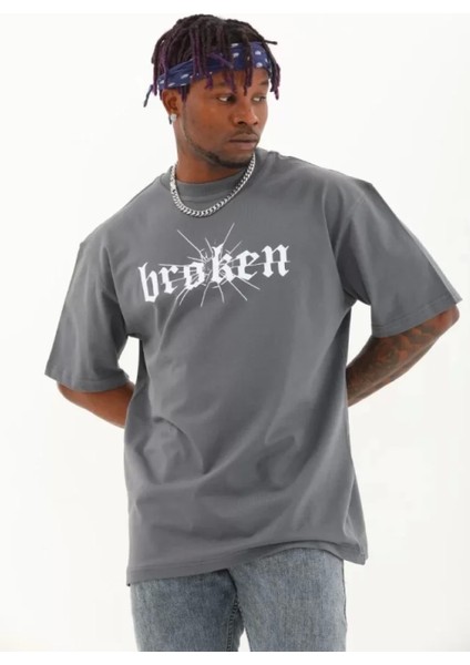 Unisex Oversize Baskılı Bisiklet Yaka T-Shirt - Füme modelleri