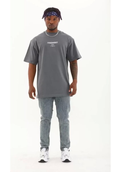 Unisex Oversize Baskılı Bisiklet Yaka T-Shirt - Füme modelleri
