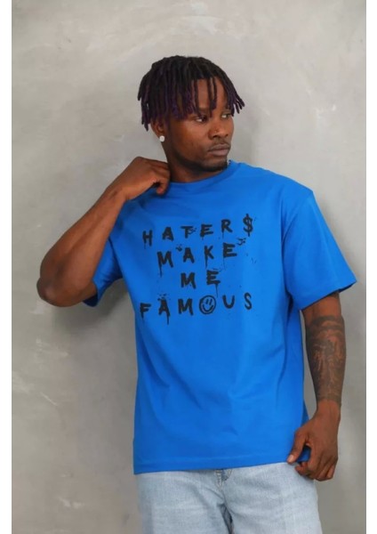 Unisex Oversize Baskılı Bisiklet Yaka T-Shirt - Mavi fiyatları