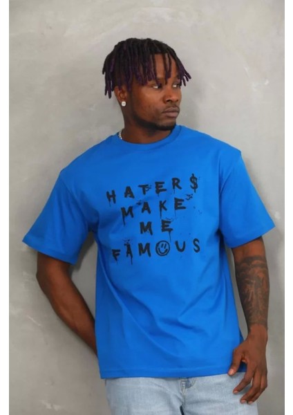 Unisex Oversize Baskılı Bisiklet Yaka T-Shirt - Mavi modelleri