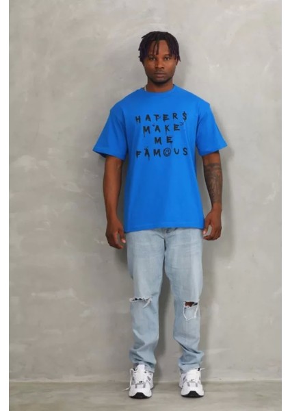 Unisex Oversize Baskılı Bisiklet Yaka T-Shirt - Mavi fırsatları
