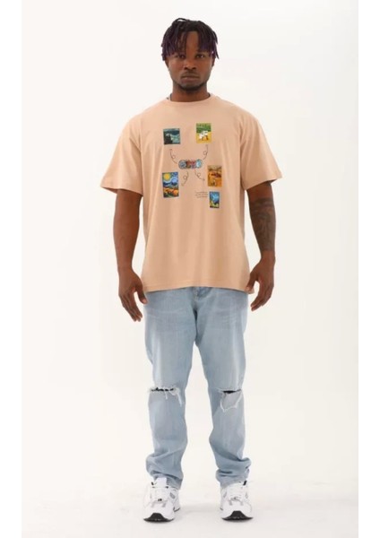 Unisex Oversize Baskılı Bisiklet Yaka T-Shirt - Bej fırsatları