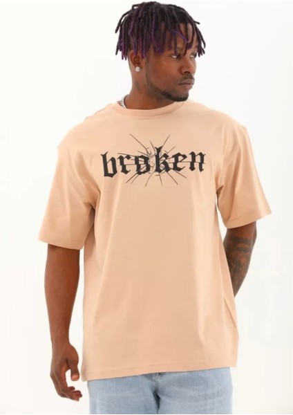 Unisex Oversize Baskılı Bisiklet Yaka T-Shirt - Bej fiyatları