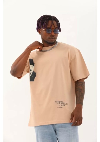 Unisex Oversize Baskılı Bisiklet Yaka T-Shirt - Bej fiyatları