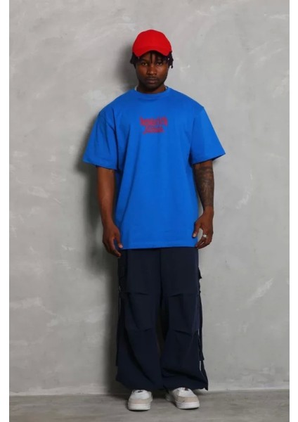 Unisex Oversize Baskılı Bisiklet Yaka T-Shirt - Mavi fiyatları