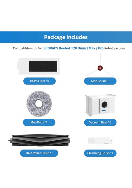 Ecovacs T20 Omni/max/pro Robot Süpürge Aksesuarları, Ana Yan Fırçalar Hepa Filtreler Paspas Bezi Toz Torbaları (Yurt Dışından) fiyatları