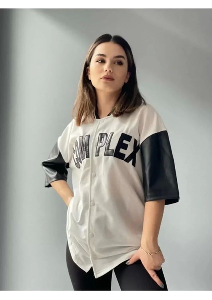 Complex Kolları Deri Kolej Oversize T-Shirt - Beyaz fırsatları
