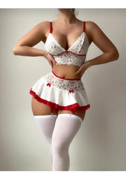 Kadın Beyaz Kırmızı Fantezi Gecelik 5 Parça Jartiyer Takım Beyaz Çoraplı Tangalı Seksi Çeyizlik Giysi Kadın Iç Çamaşırı Takımı Lastikli Dantelli Fantazi İç Giyim Mini Etekli Şık Gecelik fiyatları