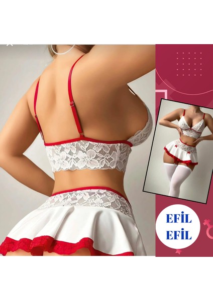 Kadın Beyaz Kırmızı Fantezi Gecelik 5 Parça Jartiyer Takım Beyaz Çoraplı Tangalı Seksi Çeyizlik Giysi Kadın Iç Çamaşırı Takımı Lastikli Dantelli Fantazi İç Giyim Mini Etekli Şık Gecelik modelleri