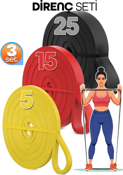 5 + 15 + 25 kg 3'lü Set Barfiks Lastiği Gym Resistance Band Antrenman Kas Geliştirme Bandı