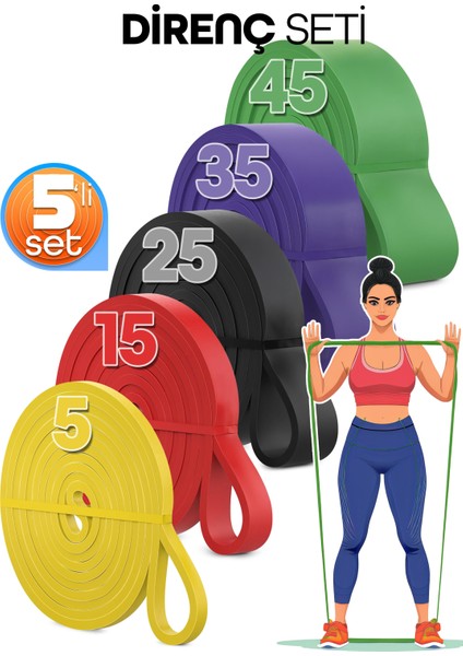 5+15+25+35+45 kg 5'li Set Barfiks Lastiği Gym Resistance Band Antrenman Kas Geliştirme Bandı 5 Boy