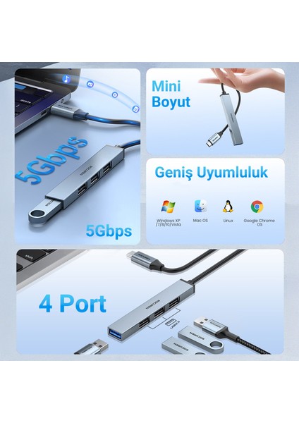 Type-C 5gbps 4 Portlu Usb-A 3.0 Çoklayıcı Dönüştürücü Hub