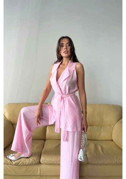 Yelek - Pantolon Takım Çilek Kumaş - Pembe