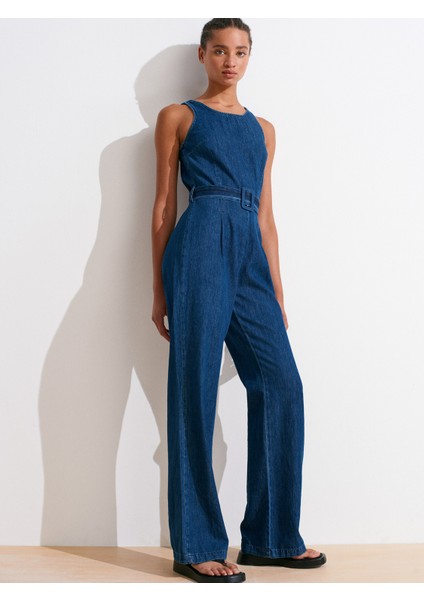 72020 Kemerli Denim Tulum-Lacivert