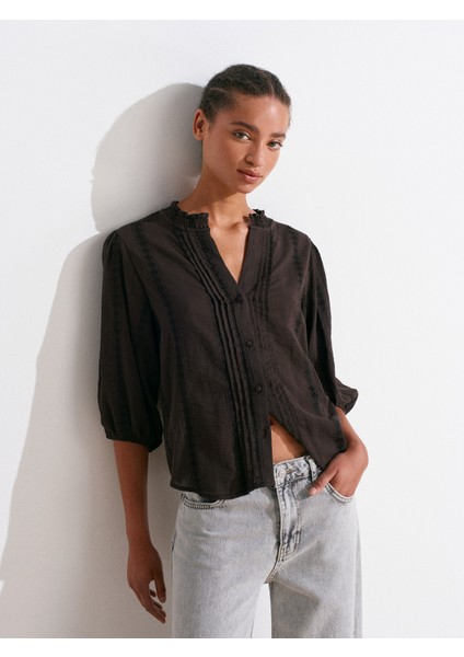 5807 Nervür Detaylı Balon Kol Gömlek-Koyu Kahve