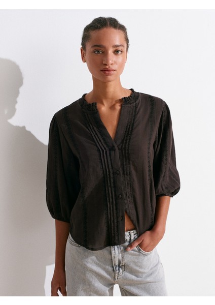 5807 Nervür Detaylı Balon Kol Gömlek-Koyu Kahve modelleri