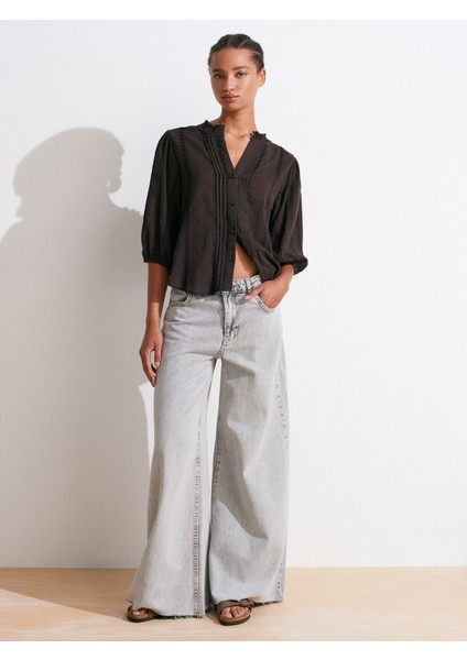 5807 Nervür Detaylı Balon Kol Gömlek-Koyu Kahve indirimleri