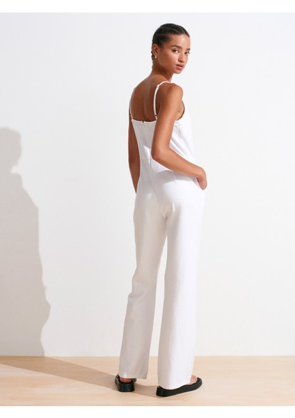 72021 Ince Askılı Lyocell Denim Tulum-Beyaz fiyatları